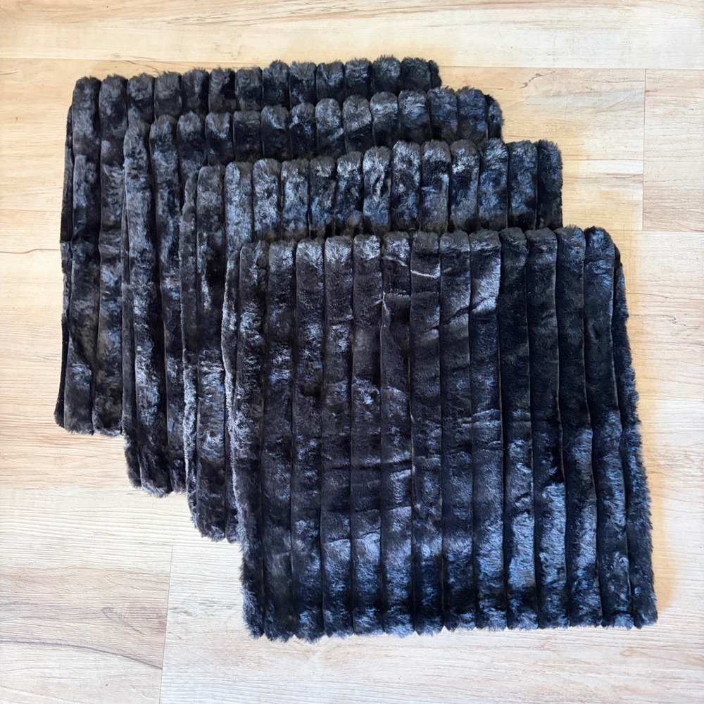 Set of 4 Black Faux Fur Ribbed Pillow Covers 17x17 Channeled Textured Square